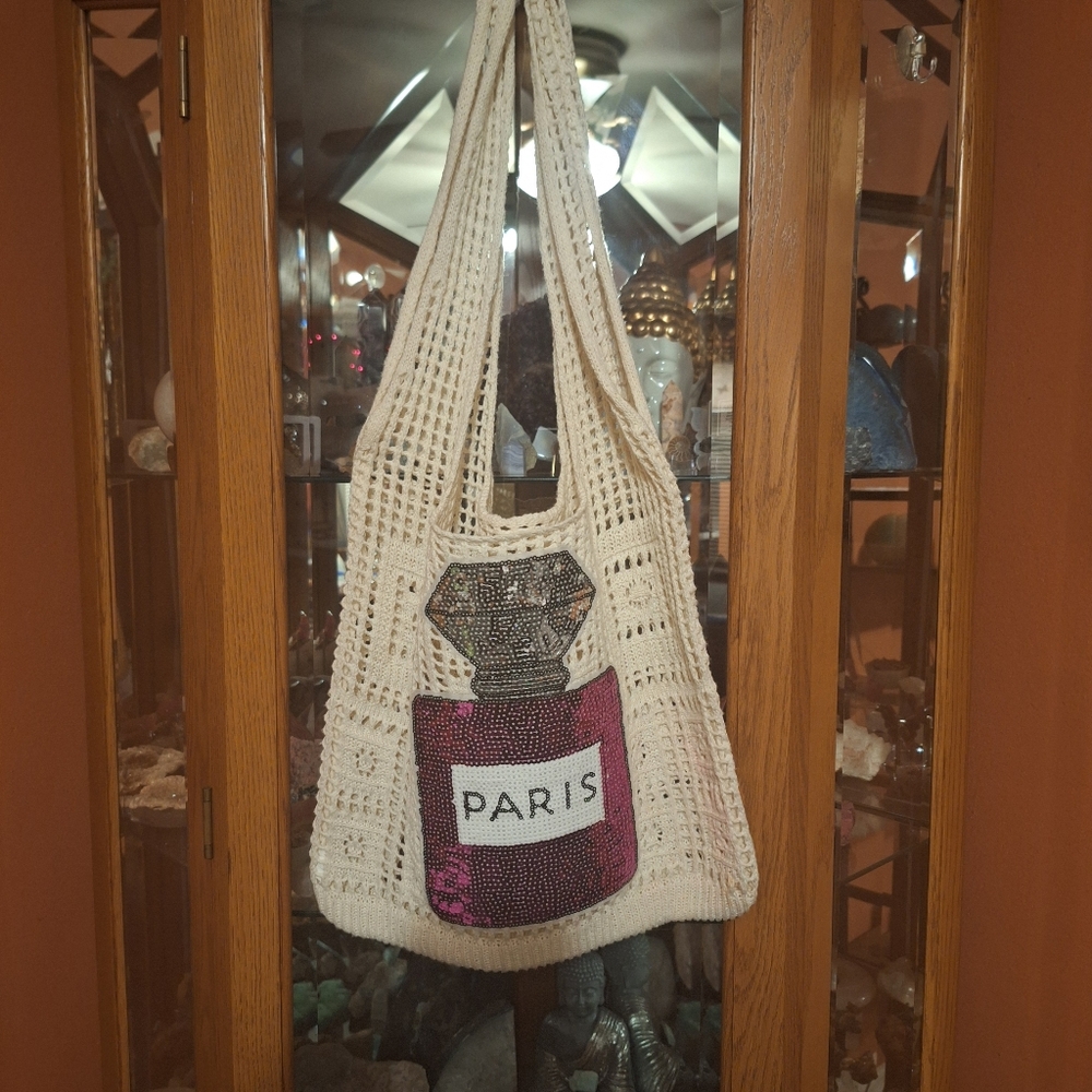 Chic Handmade Creme Crocheted Knit Tote Bag with Sequined Paris Design